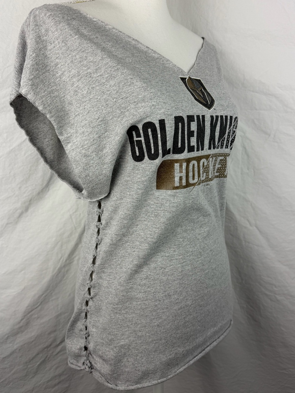 Las Vegas Golden Knights Hockey Upcycled Women's T-Shirt-S/M-V Neck-Gray-NHL